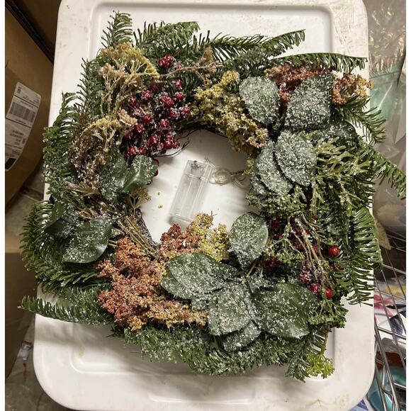 Light Up Christmas Wreath Frosted With Bow New 14” Across - Picture 1 of 3